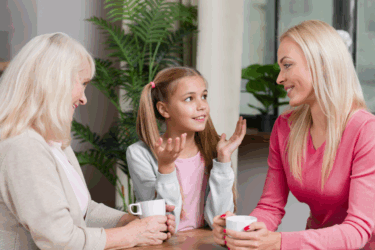 mom and grandma listening to child