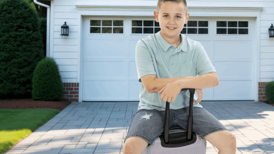 boy sitting on luggage for weekend getaways