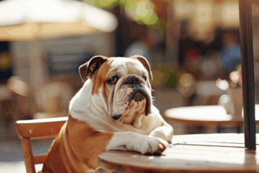 dog sitting at table; dog-friendly dining