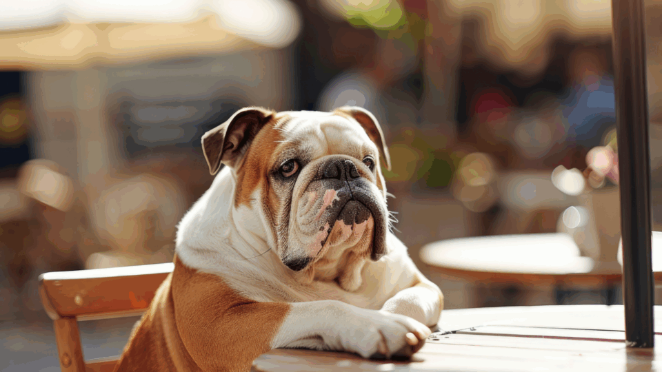 dog sitting at table; dog-friendly dining
