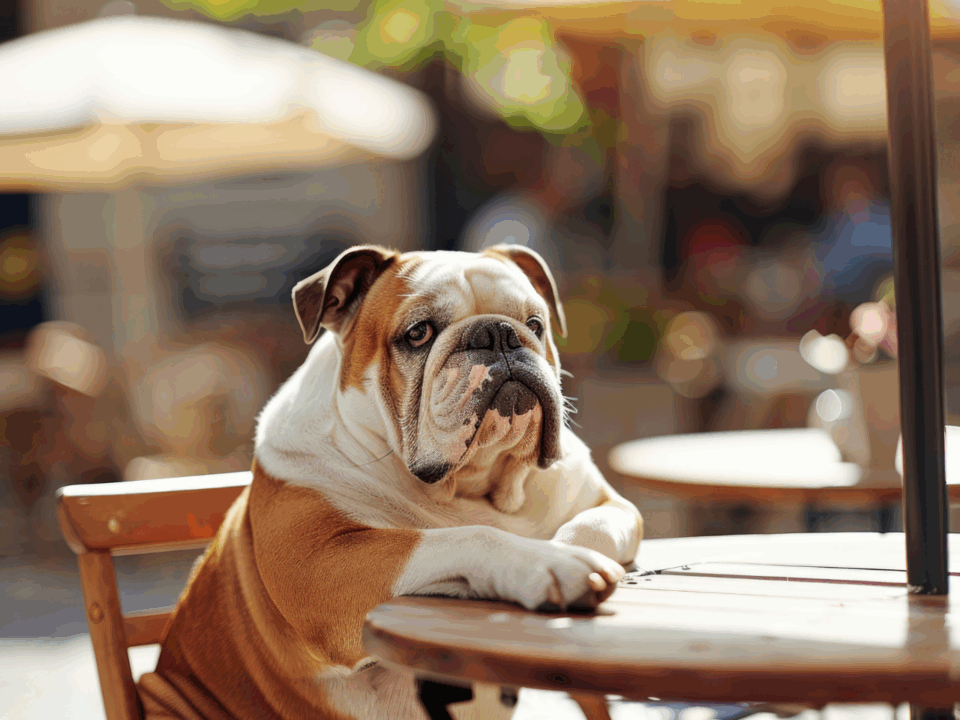 dog sitting at table; dog-friendly dining