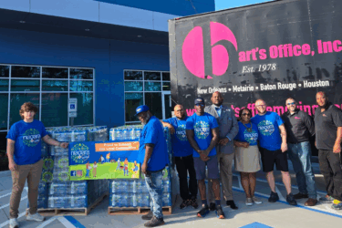 group of people receiving water donation for ebr