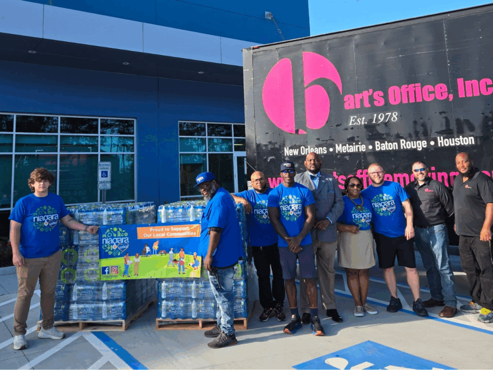 group of people receiving water donation for ebr