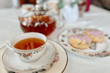 bridgerton tea party; cup of tea and treats