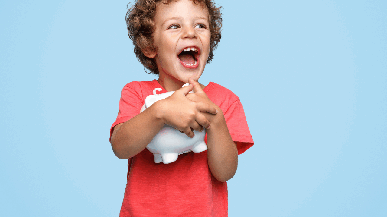 savings account; kid holding piggy bank