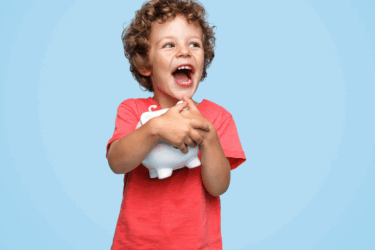 savings account; kid holding piggy bank