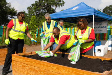 erie street park; volunteers working on garden