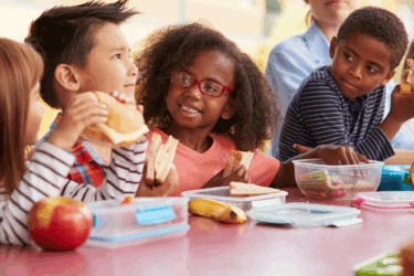 quick snacks; kids eating lunch together