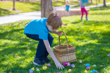 free family-friendly events; boy picking up easter eggs during a hunt