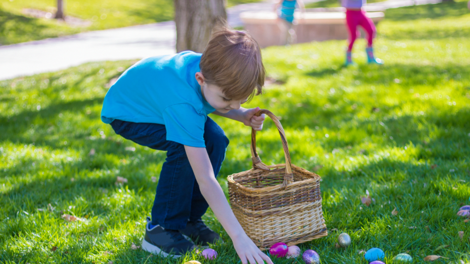 free family-friendly events; boy picking up easter eggs during a hunt