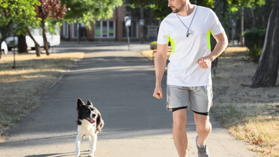 lsu vet med; man running with dog